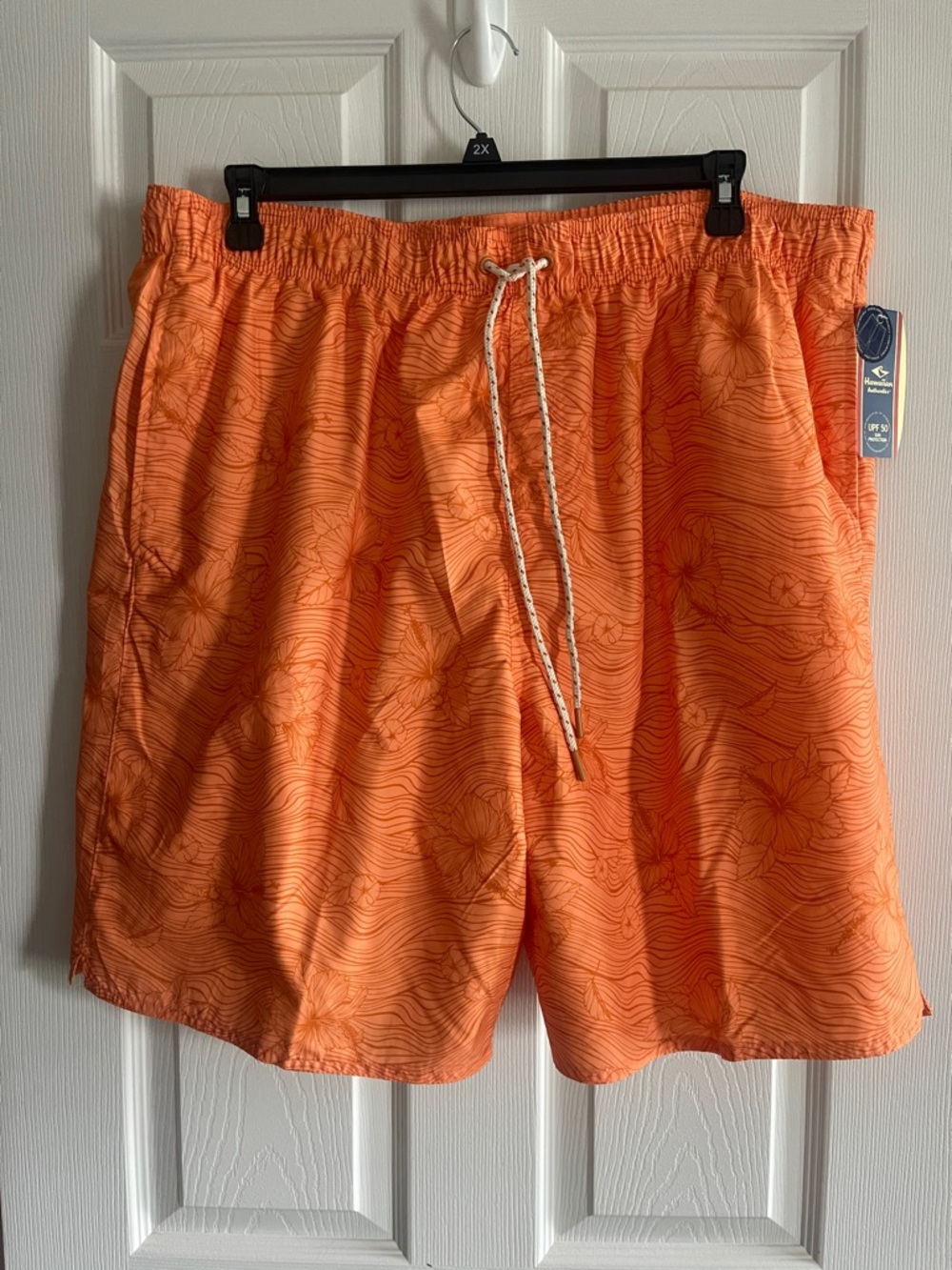 Men's Orange Floral-Print Swim Trunks with Drawstring